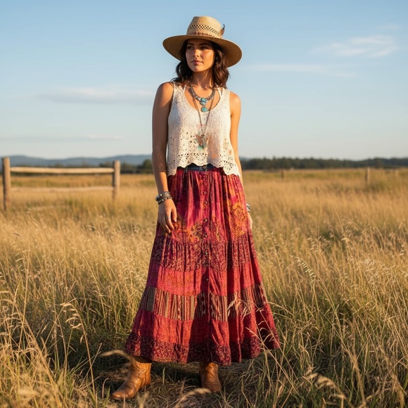 Vintage St. John's Bay Boho Cottagecore Flowy Patchwork Pattern Maxi Skirt, 4 - Picture 1 of 9